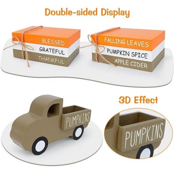 Fall Table Decor, Farmhouse Wooden Fall Signs with Book Stack, 3D Truck - Picture 4 of 7